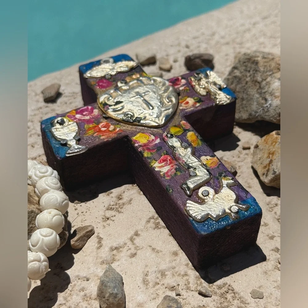 Milagros Silver Metal Charm Spanish Folk Art Painted Wood Cross-Violet - Picture 3 of 7